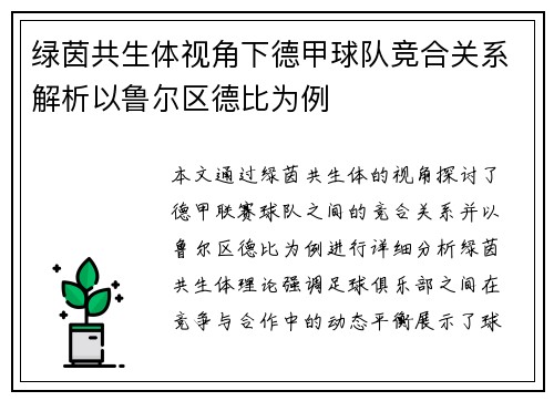 绿茵共生体视角下德甲球队竞合关系解析以鲁尔区德比为例