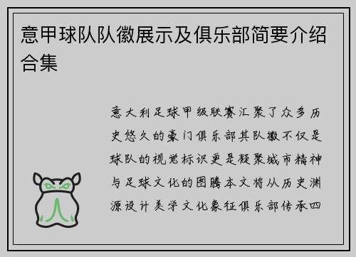 意甲球队队徽展示及俱乐部简要介绍合集