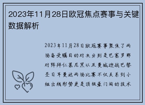 2023年11月28日欧冠焦点赛事与关键数据解析