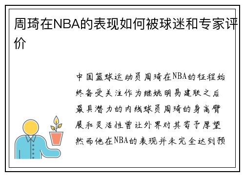 周琦在NBA的表现如何被球迷和专家评价